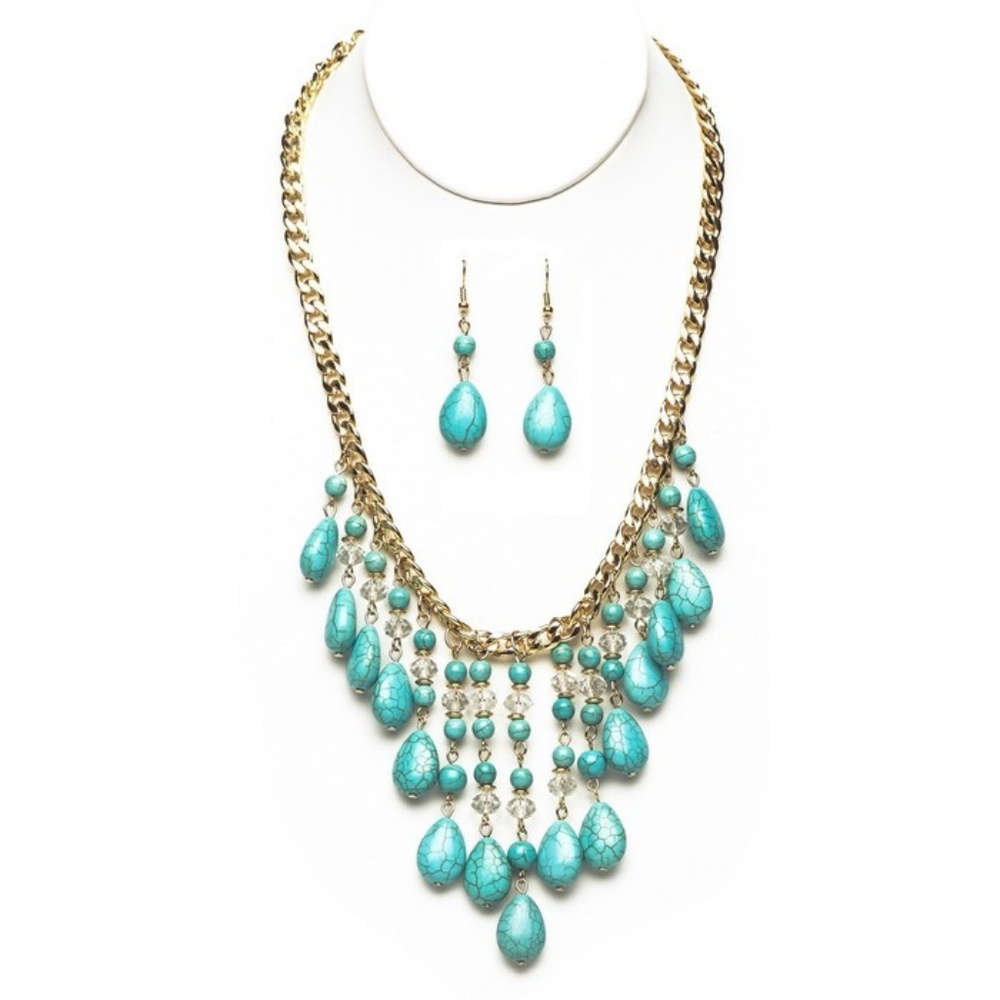 Gold and Turquoise Beads Necklace and Earrings Set